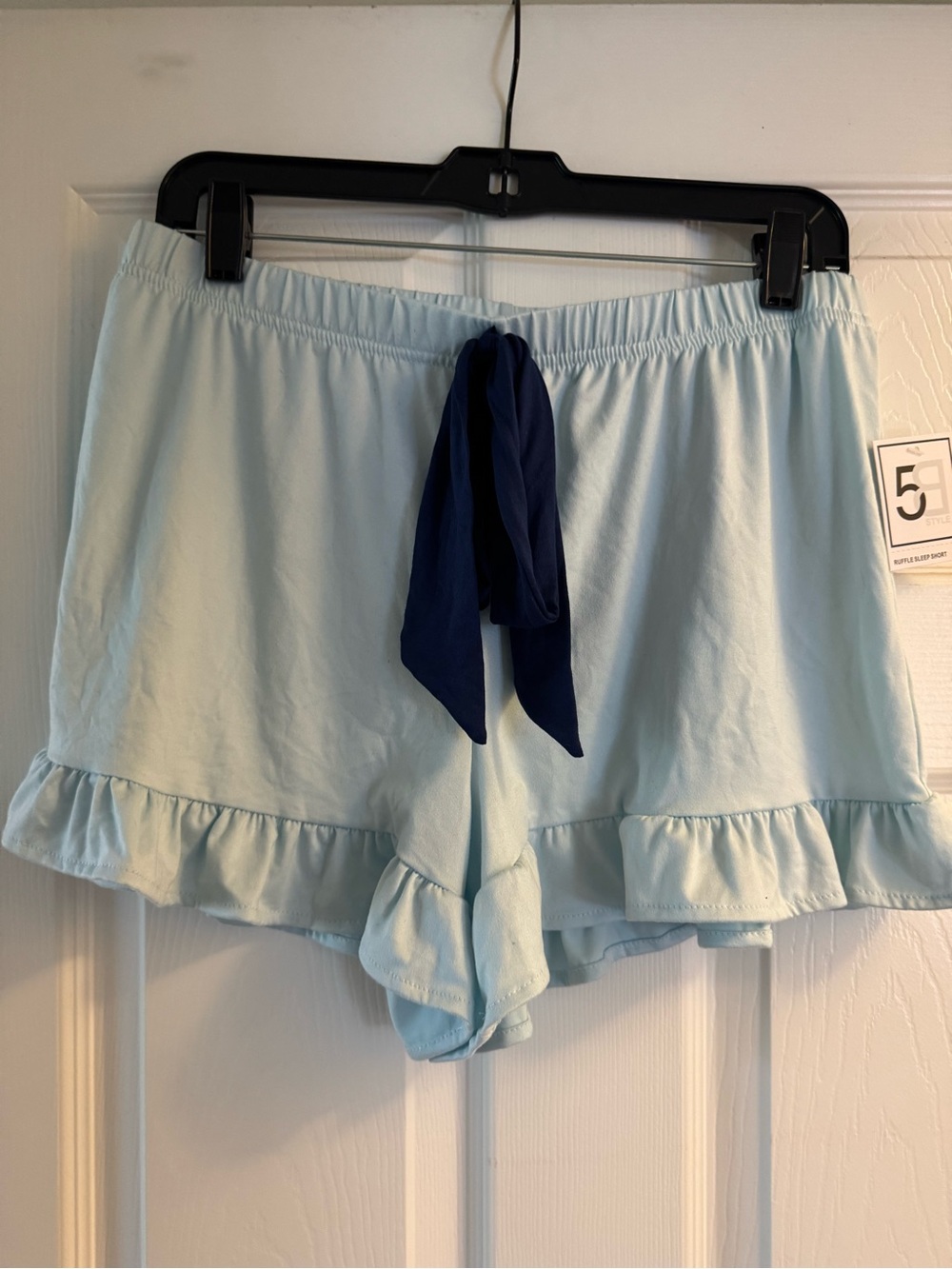 Light Blue Ruffle Hem Lounge Shorts with Navy Tie